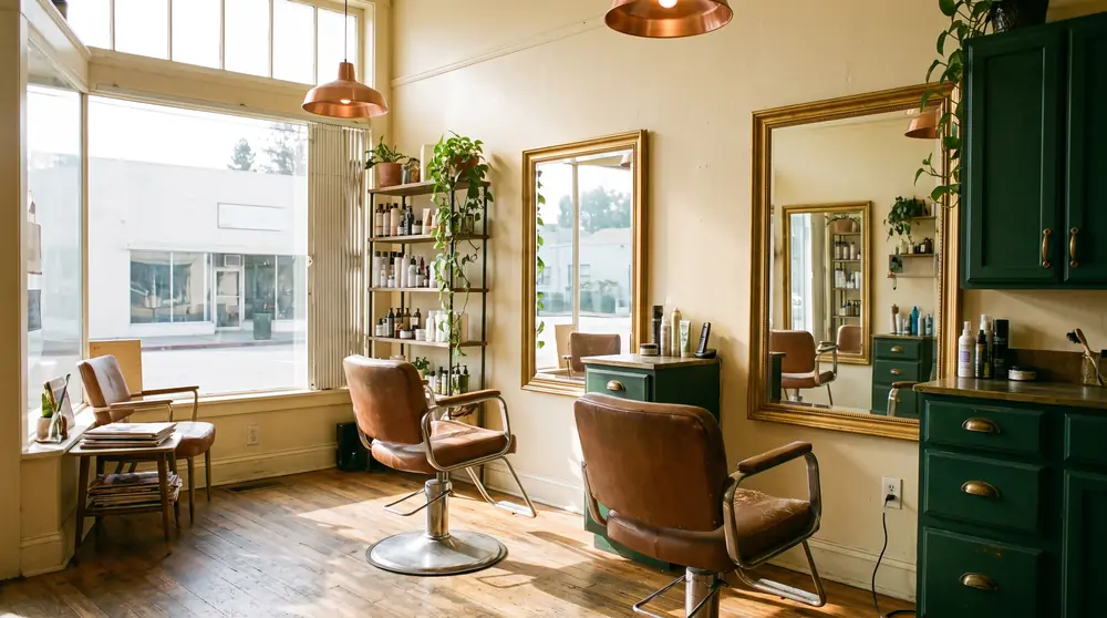 Interior de un salon de barrio: tres sillones de peluqueria frente a espejos dorados, paredes color crema, muebles verde bosque y lamparas de cobre, con luz de tarde entrando por el escaparate