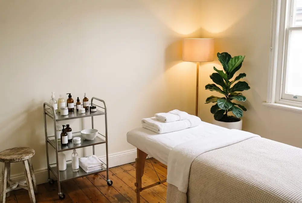 Sala de tratamiento facial con camilla, toallas dobladas, carrito de productos y una lampara calida