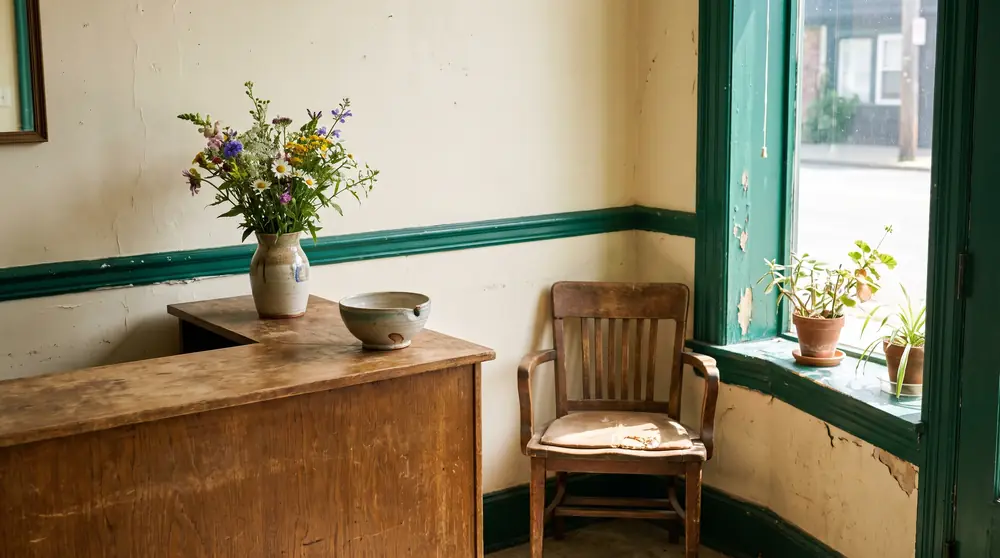 Rincon de recepcion del salon: un mostrador de madera, un jarron con flores frescas, una silla y paredes crema con moldura verde